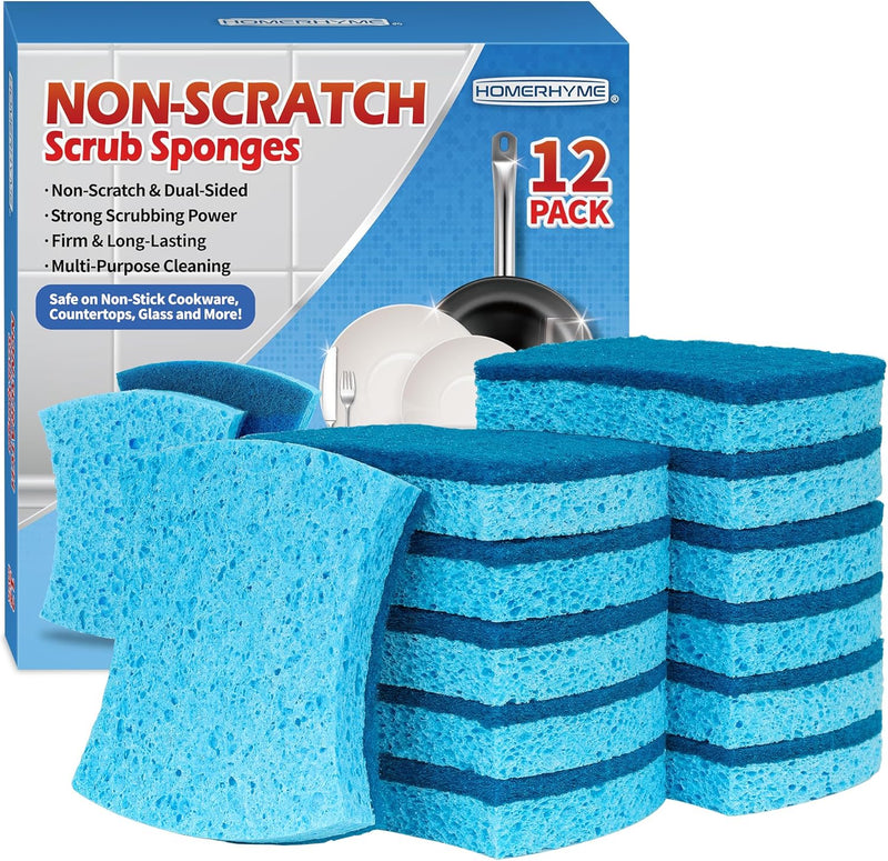 HOMERHYME Heavy Duty Scrub Sponge 24 Pack, Eco Cellulose Kitchen Dish Sponge Multipurpose Ergonomic for Washing Dishes, Uncoated Cookware & Household Cleaning.
