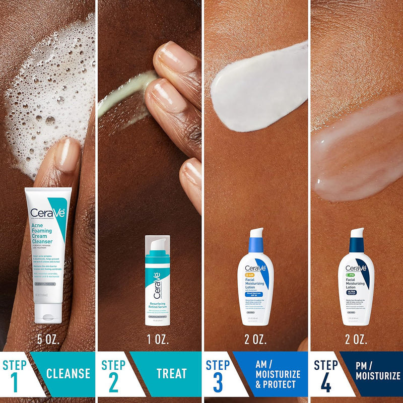 CeraVe Acne Skin Care Set, 5oz Acne Foaming Cream Cleanser + 1oz Resurfacing Retinol Serum + 2oz AM Facial Moisturizing Lotion with SPF 30 + 2oz PM Facial Moisturizing Lotion