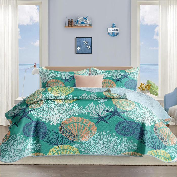 Tritard 3 Piece Coastal Quilt Sets Full/Queen Size - Reversible Microfiber Quilts with 2 Shams Soft Lightweight Beach Bedding Nautical Bedspread Coverlet Summer Comforter for All Season, 90''x96'', C1