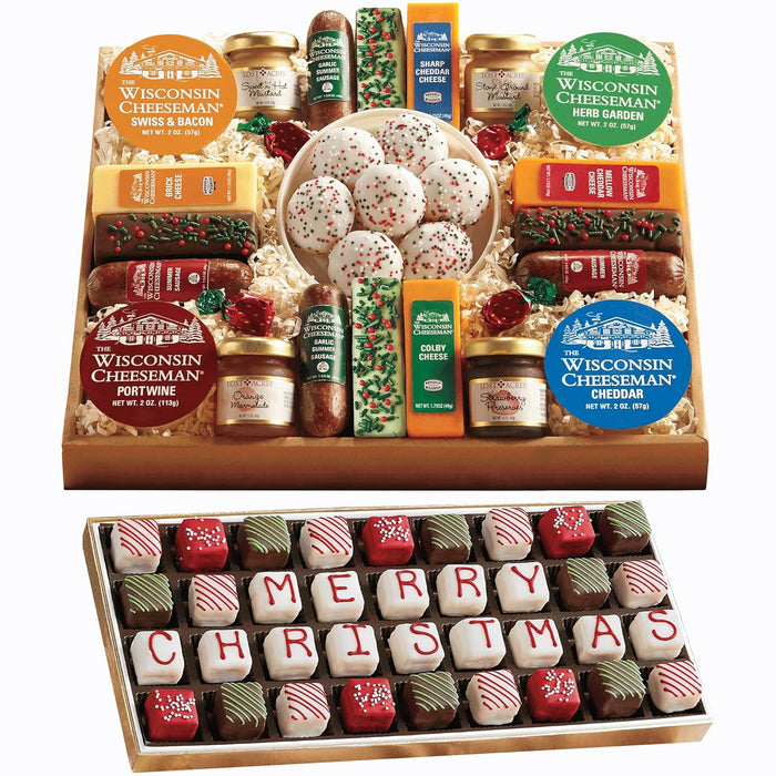 The Wisconsin Cheeseman 21 Favorites Food Gift Box with Assorted Summer Sausage Meats & Cheese Bricks w/Meat and Cheese Combo Featuring Italian, Original and Garlic Summer Sausage
