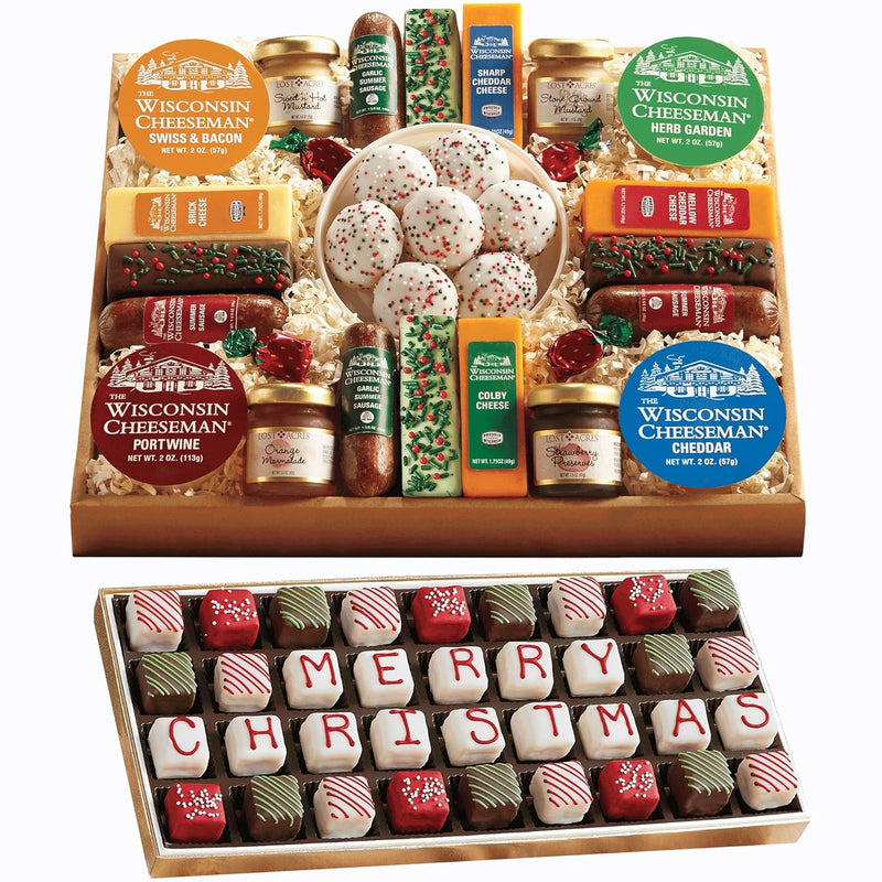 The Wisconsin Cheeseman 21 Favorites Food Gift Box with Assorted Summer Sausage Meats & Cheese Bricks w/Meat and Cheese Combo Featuring Italian, Original and Garlic Summer Sausage