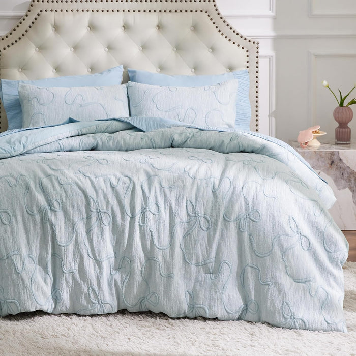 Bedsure Queen Comforter Set, Pink Boho Tufted Bed Set, 3D Puffy Jacquard Bedding Queen Size, 3 Pieces, 1 Farmhouse Shabby Chic Embroidery Comforter with Bow Pattern & 2 Pillow Cases