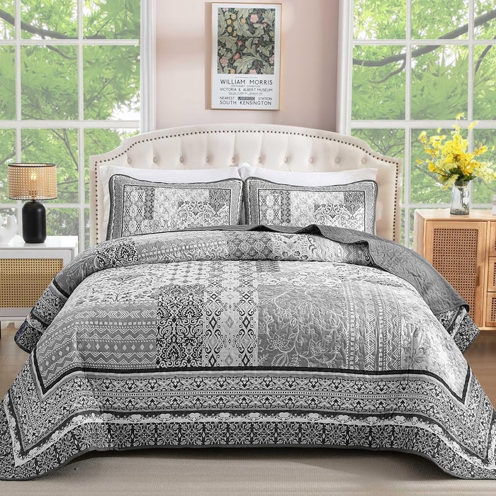 WONGS BEDDING Yellow Quilt Set Queen,Bohemian Patchwork Bedspread Coverlet Set, Reversible Boho Floral Pattern Bedspreads Bedding Quilt Set for All Seasons (96"x90")