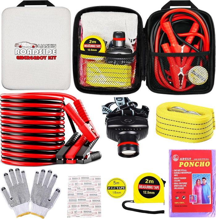 Car Roadside Emergency Kit, with Jumper Cables Automotive Kit,Car Safety Roadside Assistance Kit Headlamp,Tow Straps, Safety Hammers, Rainwear, Gloves.Black