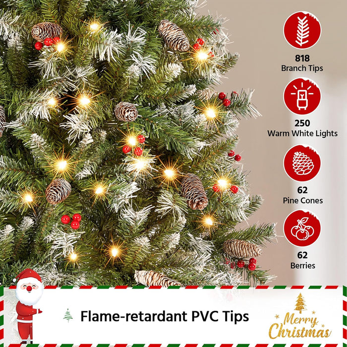 Yaheetech 6ft Pre-lit Frosted Artificial Hinged Christmas Tree with 818 Flocked PVC Tips,62 Pine Cones,62 Holly Berries & 250 Warm White Lights,Foldable Stand,Green