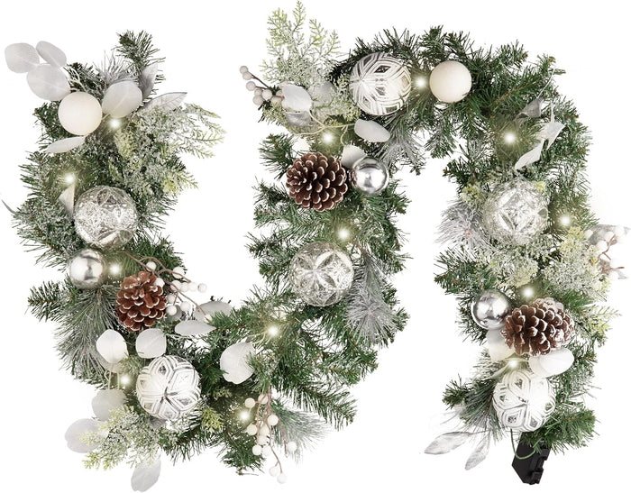 Valery Madelyn 6 Feet Pre-Lit Christmas Garland with Lights for Mantle, Lighted Outdoor Xmas Garland with Snowy White Ball Pinecones for Home Stairs Fireplace Table Centerpiece Indoor Holiday Decor