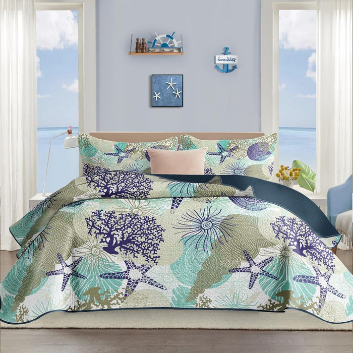 Tritard 3 Piece Coastal Quilt Sets Full/Queen Size - Reversible Microfiber Quilts with 2 Shams Soft Lightweight Beach Bedding Nautical Bedspread Coverlet Summer Comforter for All Season, 90''x96'', C1