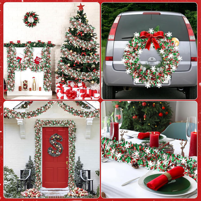 50Ft Christmas Snowflake Tinsel Garland Red Green Metallic Twist Hanging Garland with Snowflake Glitter Thick Tinsel Garlands Xmas Tree Decorations for Xmas Tree Fireplace Home Indoor Outdoor Decor