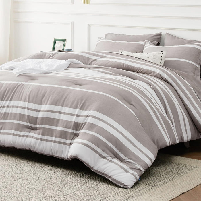 Bedsure Queen Comforter Set 7 Pieces, Frost Grey Striped Bedding Set for All Seasons, Reversible, Cationic Dyeing Bed in a Bag with Comforter, Sheets, Pillowcases & Shams