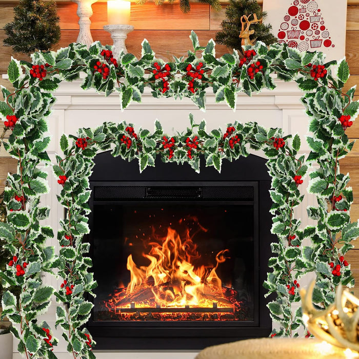 9 Pcs Holly Garland with Berries Set Includes 5.7 ft Christmas Red Berry Garland Decoration with Hooks Green Leaves Winter Outdoor Vines for Stairs Mantel Table Fireplace Home Decor