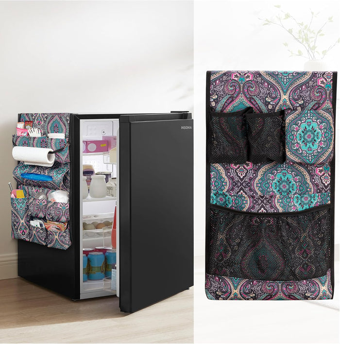 Mini Fridge Organizer, Dust Cover with 14 Pockets for Most Household Refrigerators, Hanging Mini Fridge Caddy Organizer Storage Bag for Dorm, Office, Kitchen, Home, School, Flowers