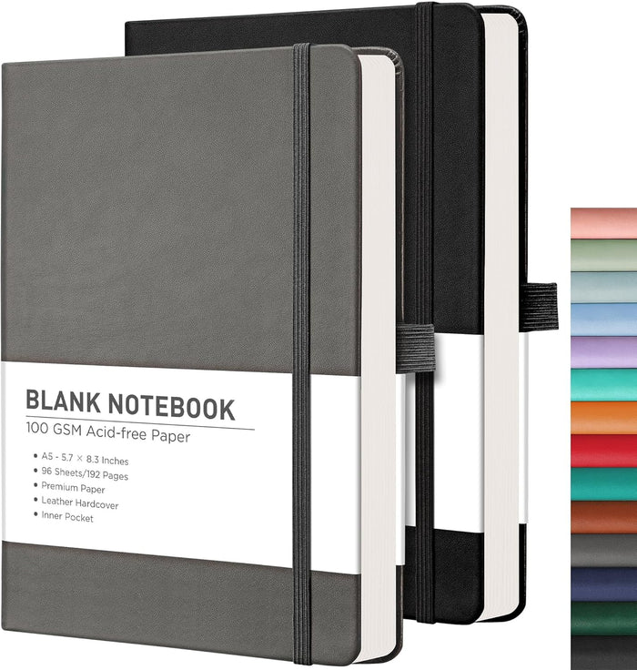 RETTACY Lined Journal Notebook, 2-Pack, 192 Numbered Pages per Pack, A5 Medium Size (5.7'' x 8.3''), for Men & Women, Writing, Work, Leather Hardcover, 100 GSM Thick Paper (Black & Dark Green)