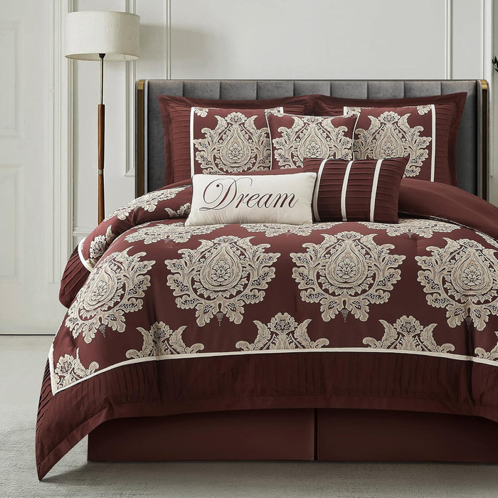 Beige California King Comforter Set 7 Pieces, Jacquard Woven with Damask, Bedding Set in a Bag Includes Comforter, Bed Skirt, Pillow Shams, and Decorative Pillows
