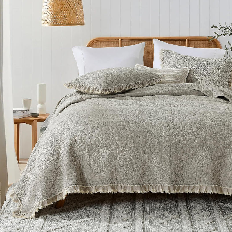 HORIMOTE HOME Pink Ruffled Quilt Queen Size, Stone-Washed Microfiber Lightweight Crinkled Farmhouse Rustic Shabby Chic Bedding Set, 3 Pieces Reversible Bedspread with Pillow Shams for All Season