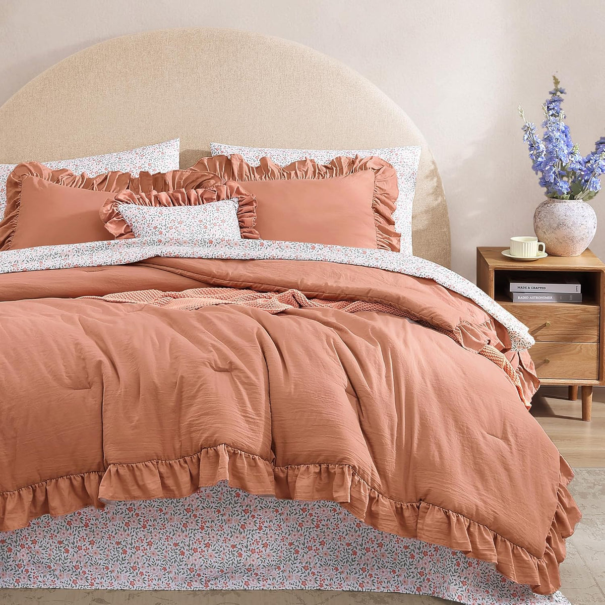 Queen Comforter Set - 7 Pieces Ruffle Purple Bedding Sets, Shabby Chic Farmhouse Bed in a Bag Queen with Ruffle Comforter, Floral Sheets, Pillowcases & Shams