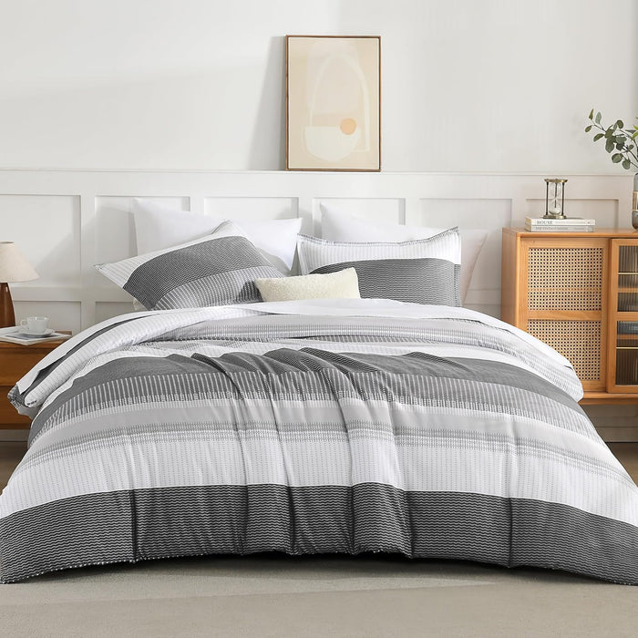 Andency Queen Comforter Set 7 Pieces Bed in a Bag - Black White Grey Striped Lightweight Soft Microfiber All Season Queen Size Bedding Set with Comforter, Fitted & Flat Sheet, Pillowcases & Shams