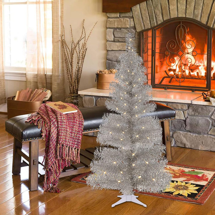 Juegoal 4 FT Pre-lit Artificial Christmas Tree, Lighted Silver Tinsel Pencil Pine Spruce Trees with 70 Warm White LED Lights, 8 Lighting Mode & Timer for Xmas Holiday Winter Home Party Decor