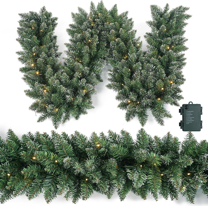 Christmas Garland 9ft with 50 Led, 320 Tips Prelit Fraser Fir Xmas Garland with 50 LED Lights, Lush and Classics Green Style for Indoor Outdoor Home Decoration