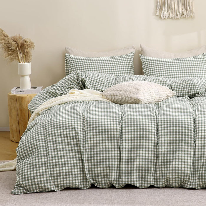 TOCOMOA Tan Gingham Duvet Cover Bedding Set 100% Washed Cotton Like Linen Feel Super Soft Comfy 3 Piece Brown Vintage Plaid Checkered Fall Comforter Cover Set (Queen 90"x90", Comforter Not Included)