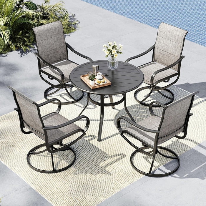 MFSTUDIO Outdoor Dining Set for 4，Round Patio Table and Chairs Set with Umbrella Hole, 5 Piece Patio Furniture Set for Deck, Backyard, Poolside & Garden