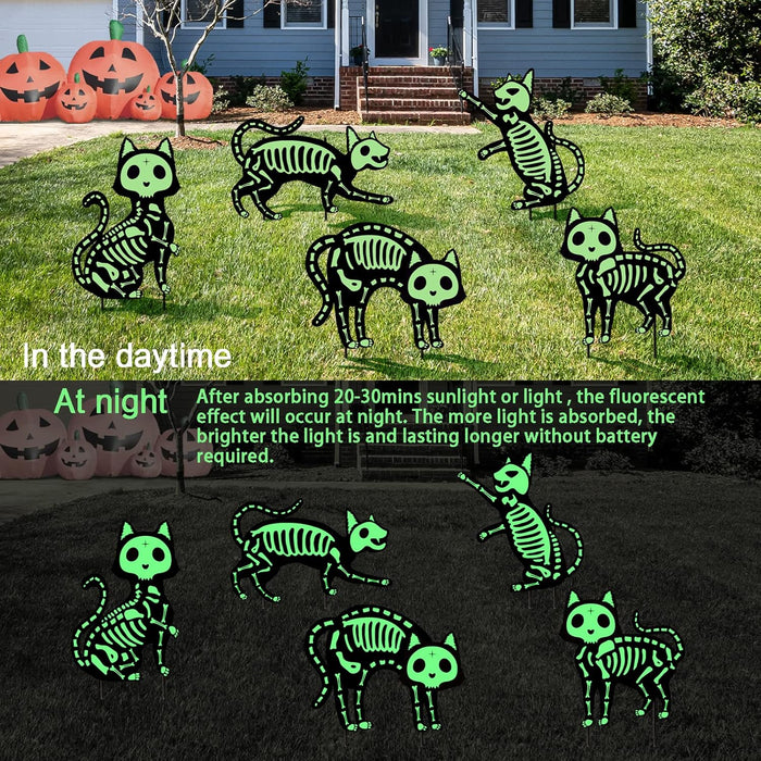 Outdoor Halloween Decorations Yard Signs - 5pcs Glow in The Dark Skeleton Black Cat Silhouette Lawn Signs with Stakes for Halloween Lawn Garden Front Yard Decorations Outside
