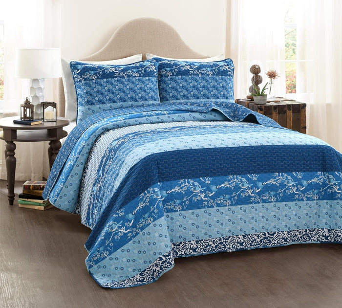 Lush Decor Royal Empire Reversible Cotton Quilt Set, 3 Piece Set King, Peacock - Striped Bedding Set - Floral Quilt King Size - Blue Bedding - Boho Decor