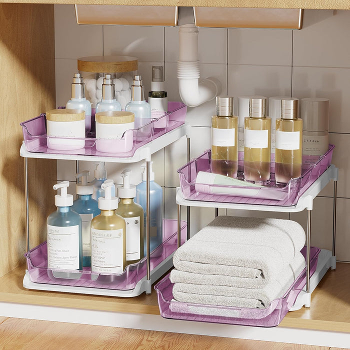 Delamu 2-Tier Multi-Purpose Bathroom Under Sink Organizers and Storage, Stackable Kitchen Pantry Organization, Pull Out Medicine Cabinet Organizer with Movable Dividers, White, 2 Pack