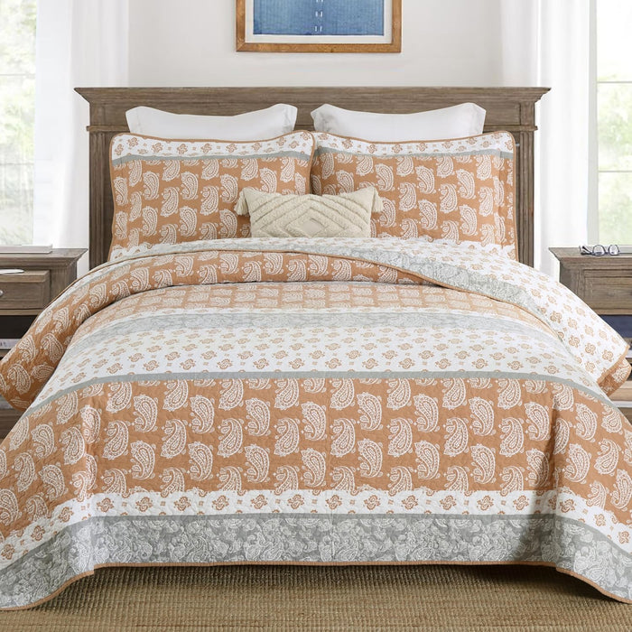 Terracotta Comforter Set, Cotton Quilt King Size, Orange Gray Quilt Set Bedding Set, Farmhouse Striped Bed Set，Soft Striped Bedspread Set King All Season 3 Piece