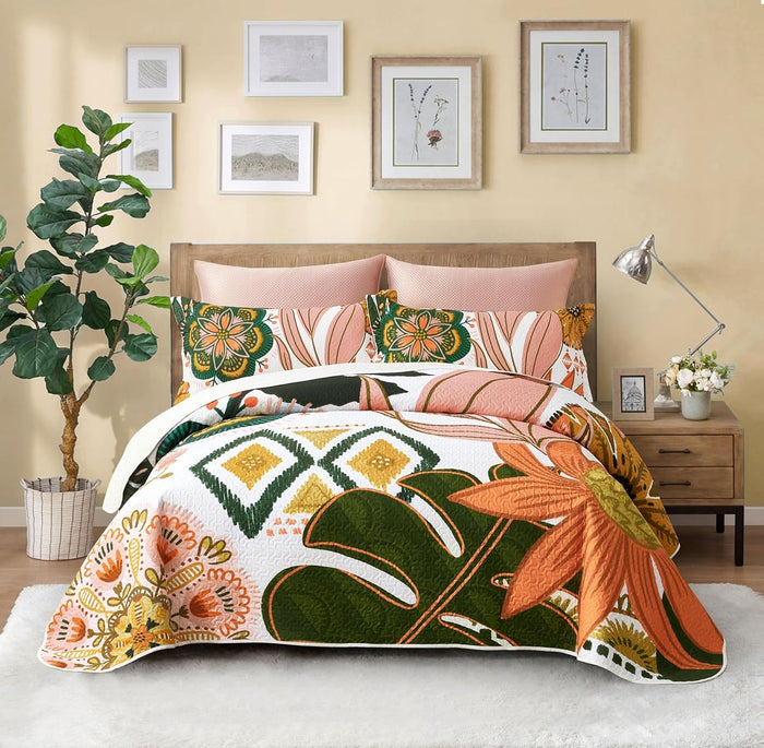 3 Piece Green Boho Floral Full/Queen Quilt Sets Farmhouse Botanical Reversible Lightweight Bedspread Coverlet with 2 Shams Butterfly Microfiber Bedding Quilts Set for All Season, 90''x96''