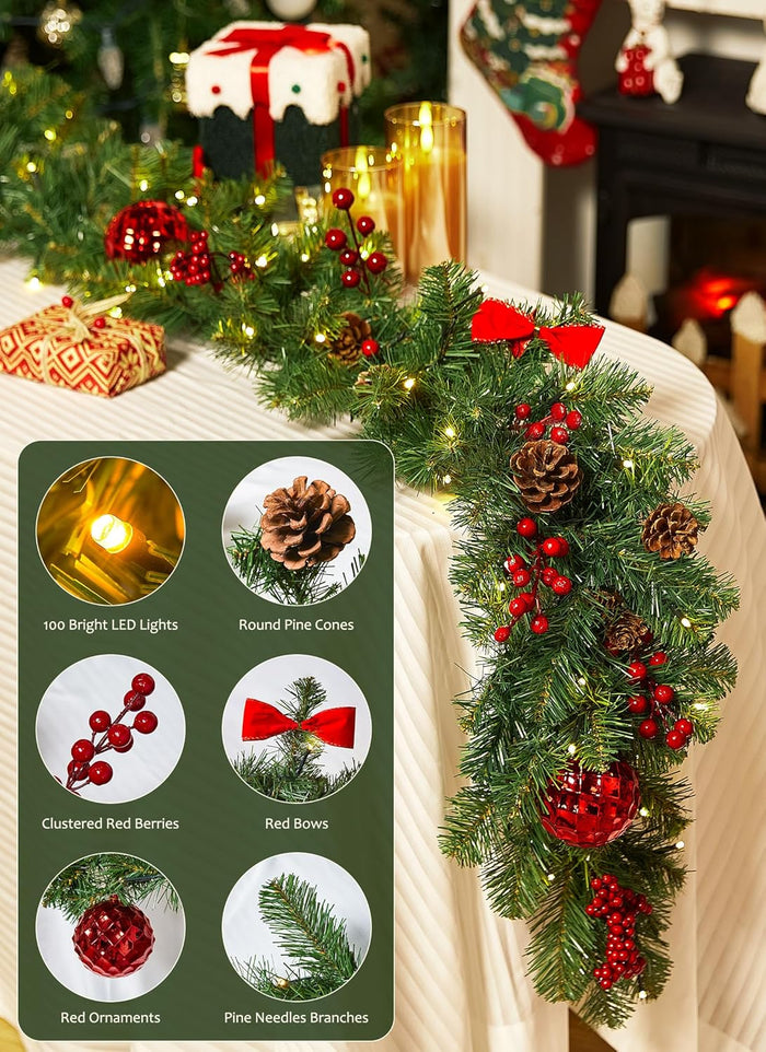Brightown 9FT Christmas Garland with Lights, Battery Operated Prelit Garland with Pinecones, Berries, Bows, Ornaments, 100 LED White Lights, 8 Modes, Timer, for Mantle, Stairs, Fireplace, Door, Fence