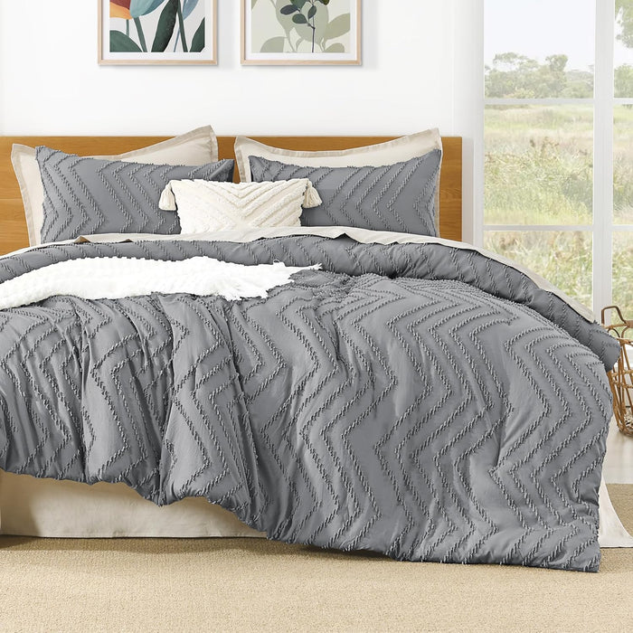 Litanika Queen Comforter Set Beige, 3 Pieces Lightweight Comforters Queen Size Chevron Tufted Bedding Comforter Set, Fluffy Bed Set