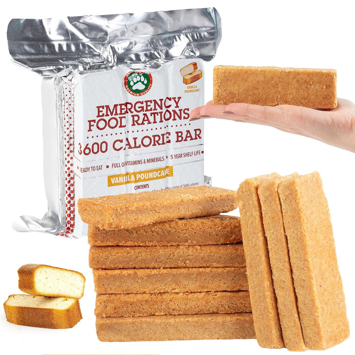 Emergency Food Rations- 3600 Calorie Vanilla Poundcake Bar (5 Pack) - 15 Day, 360 Hour Value Supply For Disaster, Hurricane - Less Sugar, More Nutrients - 5 Year Shelf Life