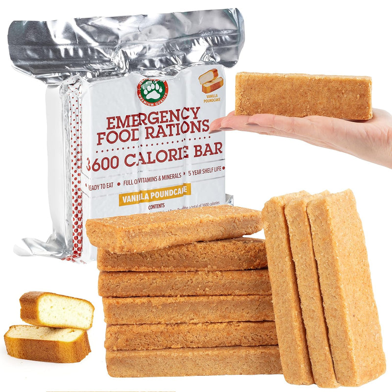 Emergency Food Rations- 3600 Calorie Vanilla Poundcake Bar (5 Pack) - 15 Day, 360 Hour Value Supply For Disaster, Hurricane - Less Sugar, More Nutrients - 5 Year Shelf Life