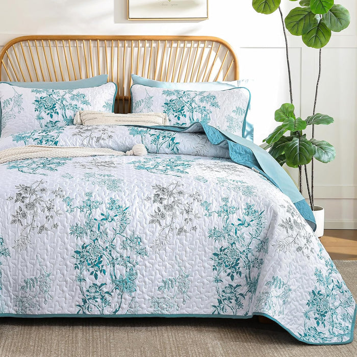 WONGS BEDDING Green Floral Quilt Set King,Botanical Leaf & Butterfly Pattern Bedspread Coverlet Set,Soft Beautiful Farmhouse Plants Quilts Bedding Set for All Seasons(104"×90")