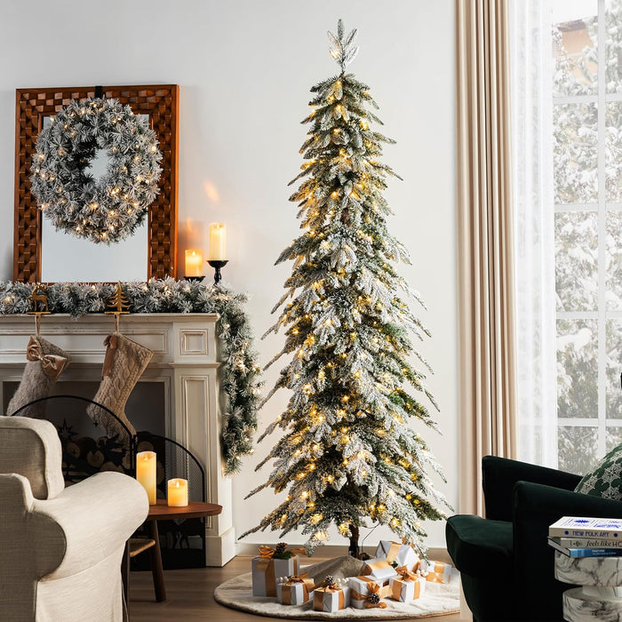 Glitzhome 7.5ft Artificial Christmas Tree, Pre-Lit Flocked Pencil Christmas Tree Chicago Frostwood Spruce with 350 Warm White Lights Home, Office, Holiday Decoration