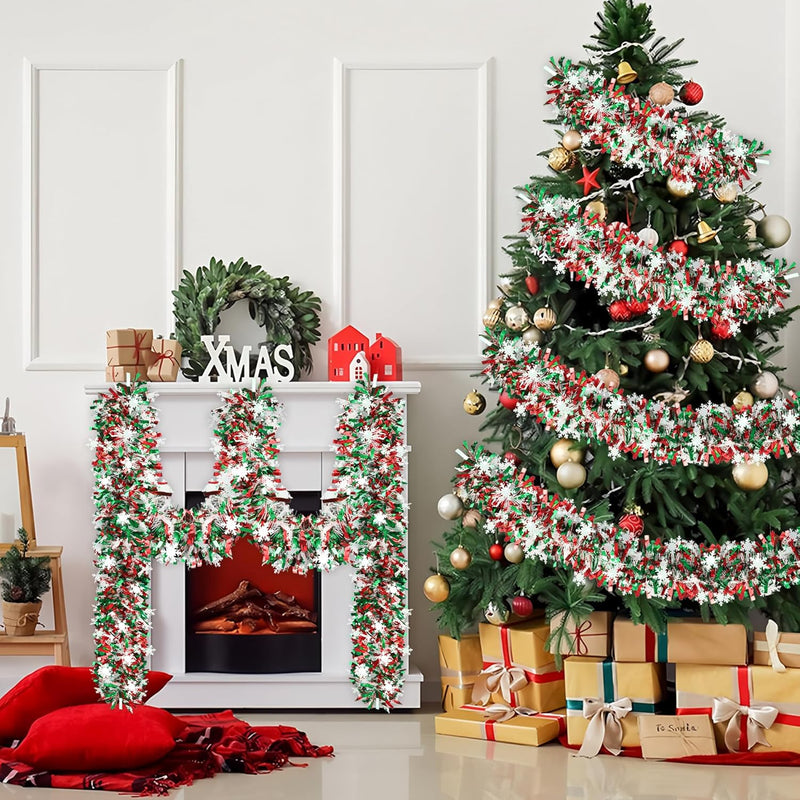 50Ft Christmas Snowflake Tinsel Garland Red Green Metallic Twist Hanging Garland with Snowflake Glitter Thick Tinsel Garlands Xmas Tree Decorations for Xmas Tree Fireplace Home Indoor Outdoor Decor