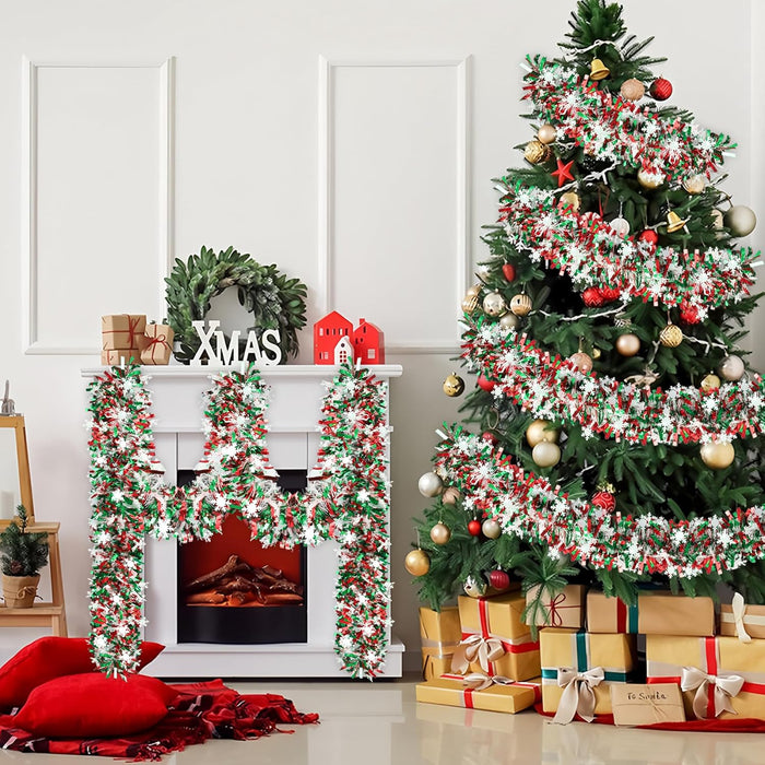 50Ft Christmas Snowflake Tinsel Garland Red Green Metallic Twist Hanging Garland with Snowflake Glitter Thick Tinsel Garlands Xmas Tree Decorations for Xmas Tree Fireplace Home Indoor Outdoor Decor