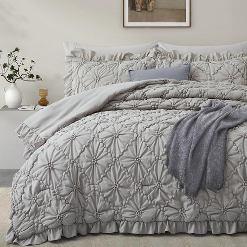 BEDAZZLED Queen Size Comforter Sets, Beige Bedding Comforter Set, 3 Pieces Pinch Pleat Bedding Sets with Comforter and Pillowcases Soft Farmhouse Shabby Chic Comforter for All Season