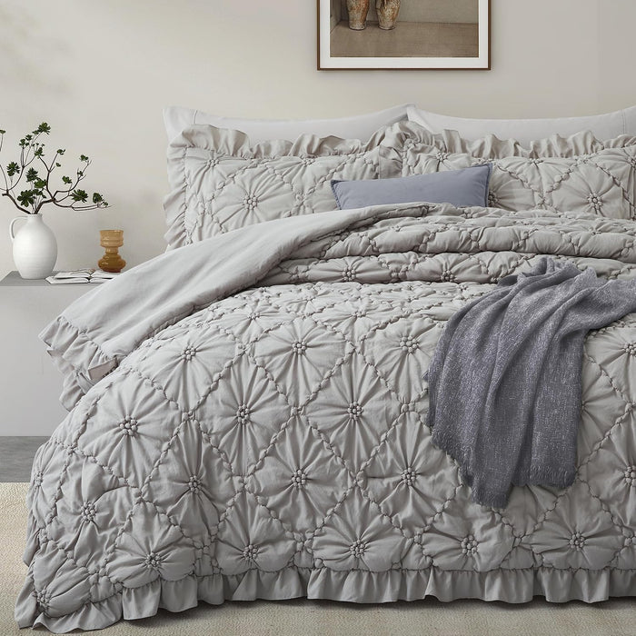 BEDAZZLED Queen Size Comforter Sets, Beige Bedding Comforter Set, 3 Pieces Pinch Pleat Bedding Sets with Comforter and Pillowcases Soft Farmhouse Shabby Chic Comforter for All Season