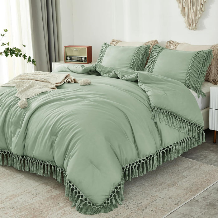 Andency Comforter Queen Size Set Beige, 3 Pieces Tassel Boho Lightweight Winter Bedding Comforters & Sets, All Season Bed Set (90x90In Comforter & 2 Pillowcases)