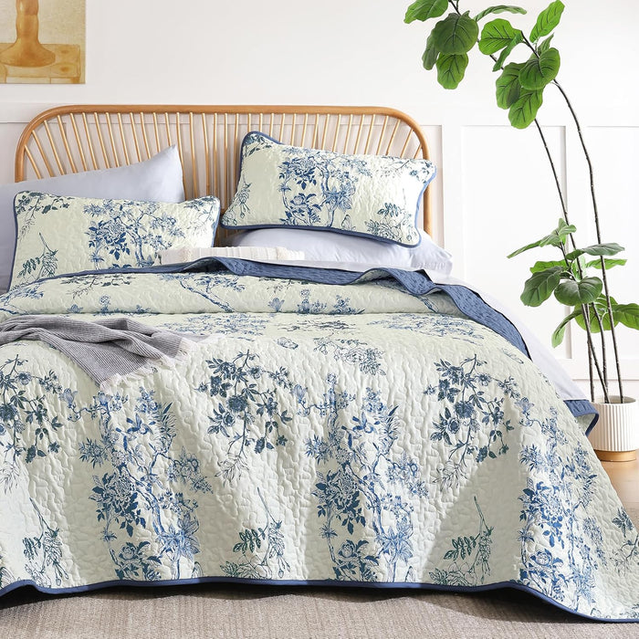 WONGS BEDDING Floral Quilt Set Queen,3 Piece Brown Botanical Leaf & Butterfly Pattern Bedspread Coverlet Set,Soft Beautiful Farmhouse Plants Quilts Bedding Set