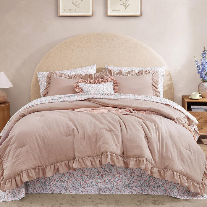Queen Comforter Set - 7 Pieces Ruffle Purple Bedding Sets, Shabby Chic Farmhouse Bed in a Bag Queen with Ruffle Comforter, Floral Sheets, Pillowcases & Shams