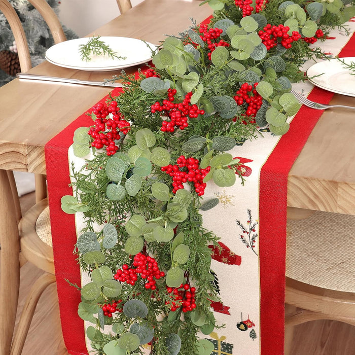 TOCHGREEN 2 Pack Artificial Christmas Garland Pine Cypress Greenery Hanging Garland with Red Berries Winter Pine Garland for Holiday Home Mantle Table Outdoor Indoor Christmas Decorations