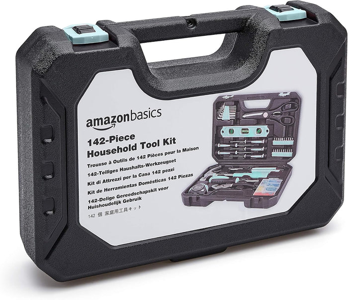 Amazon Basics Household Tool Kit With Storage Case, 142 Piece, Turquoise, 13.39 x 9.25 x 2.95 inch