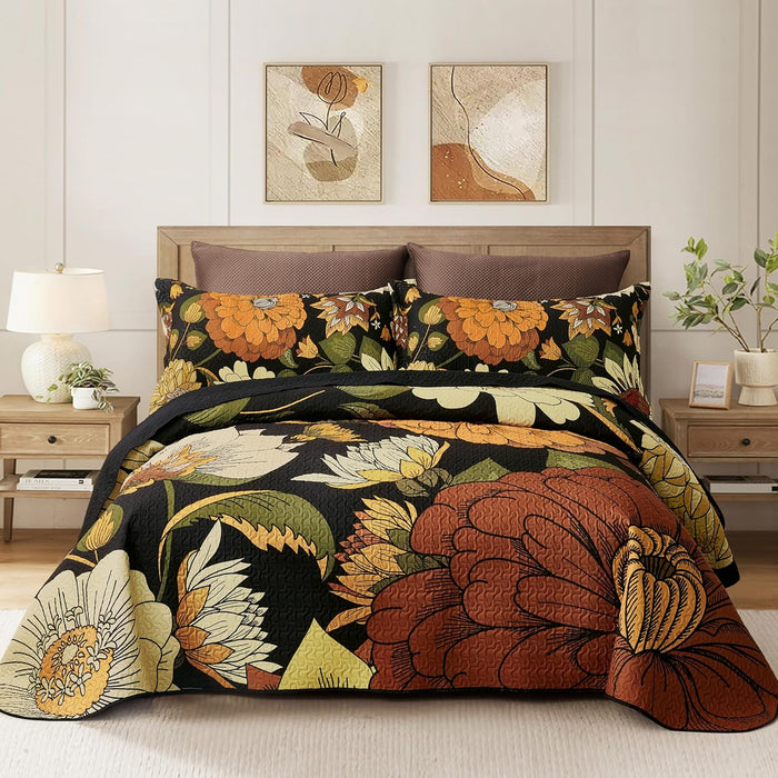 3 Piece Black Boho Floral King Size Quilt Sets Reversible Farmhouse Botanical Lightweight Bedspread Coverlet with 2 Shams Mid Century Microfiber Fall Bedding Quilts Set for All Season,106''x96''