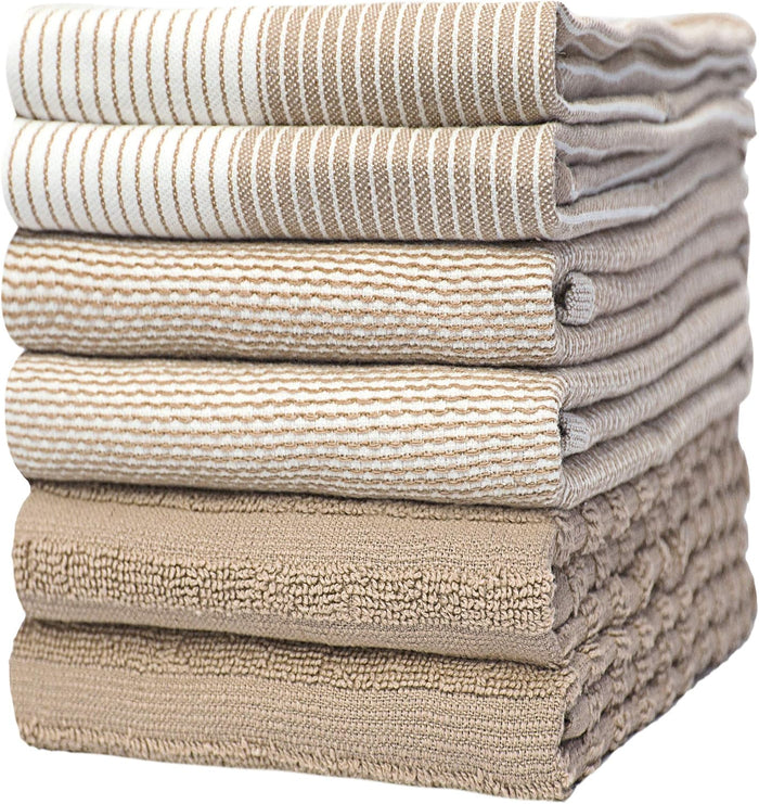 Premium Kitchen Towels (20”x 28”, 6 Pack) | Large Cotton Dish Towels | Flat & Terry Highly Absorbent Kitchen Linen Set with Hanging Loop | Tan
