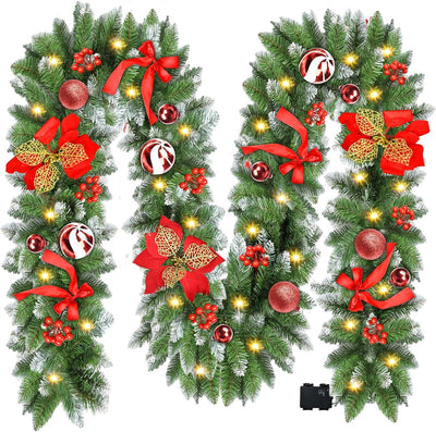 Christmas Garland with Lights, 30 LED 9FT Prelit Christmas Garland for Mantle,Outdoor Indoor Christmas Decorations Garland Battery Operated with Bows,Flowers,for Stairs,Railing,Fireplace,Front Door