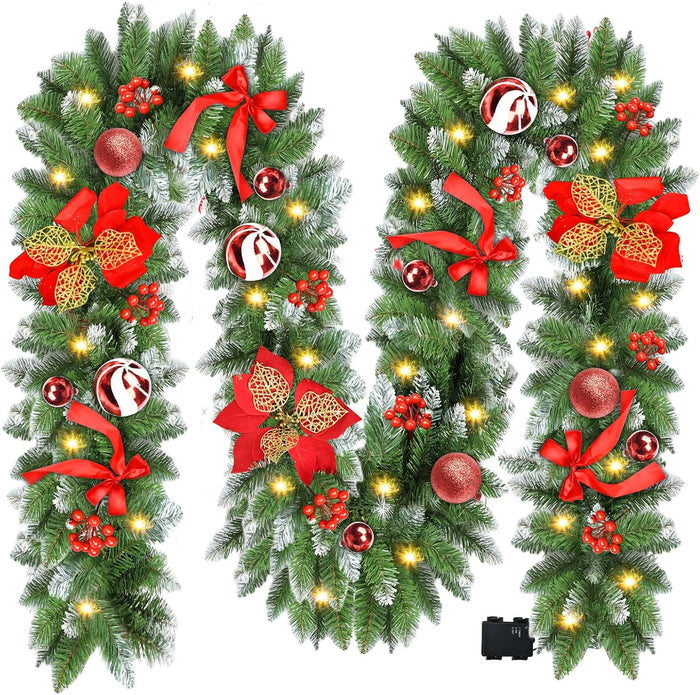 Christmas Garland with Lights, 30 LED 9FT Prelit Christmas Garland for Mantle,Outdoor Indoor Christmas Decorations Garland Battery Operated with Bows,Flowers,for Stairs,Railing,Fireplace,Front Door