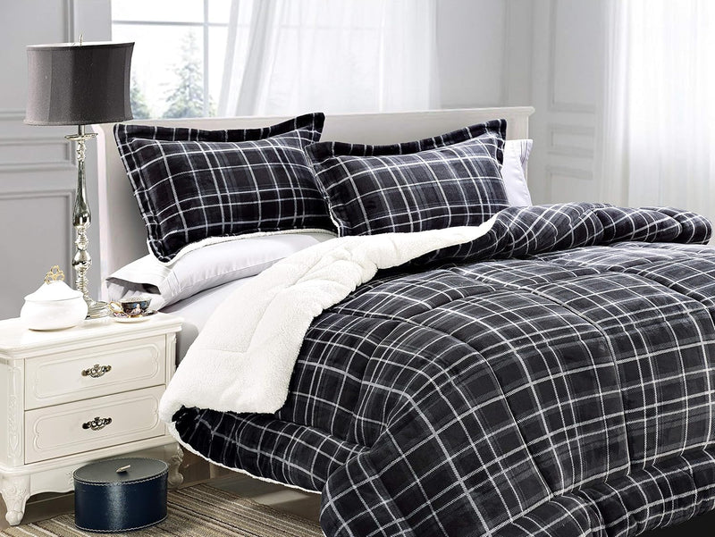 Elegant Comfort Softest, Coziest Heavy Weight Plaid Pattern Micromink Sherpa-Backing Premium Quality Down Down Alternative Micro-Suede 3-Piece Reversible Comforter Set, King/Cal King, Burgundy