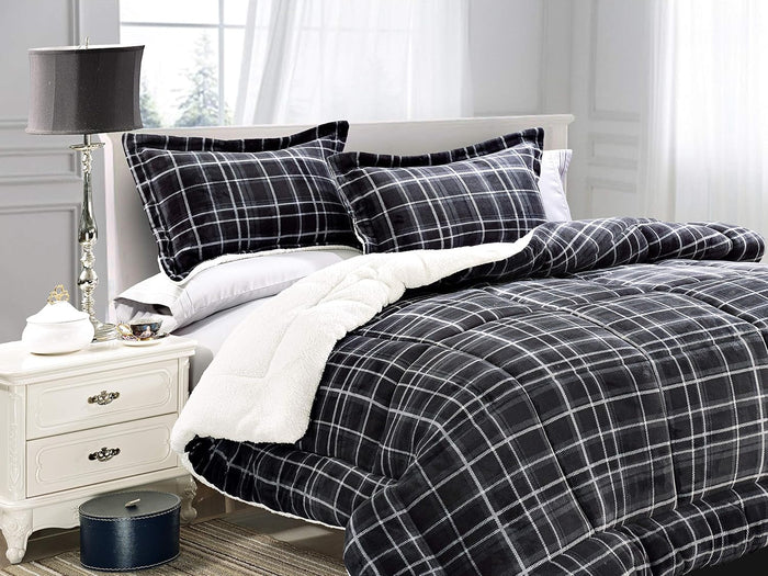 Elegant Comfort Softest, Coziest Heavy Weight Plaid Pattern Micromink Sherpa-Backing Premium Quality Down Down Alternative Micro-Suede 3-Piece Reversible Comforter Set, King/Cal King, Burgundy